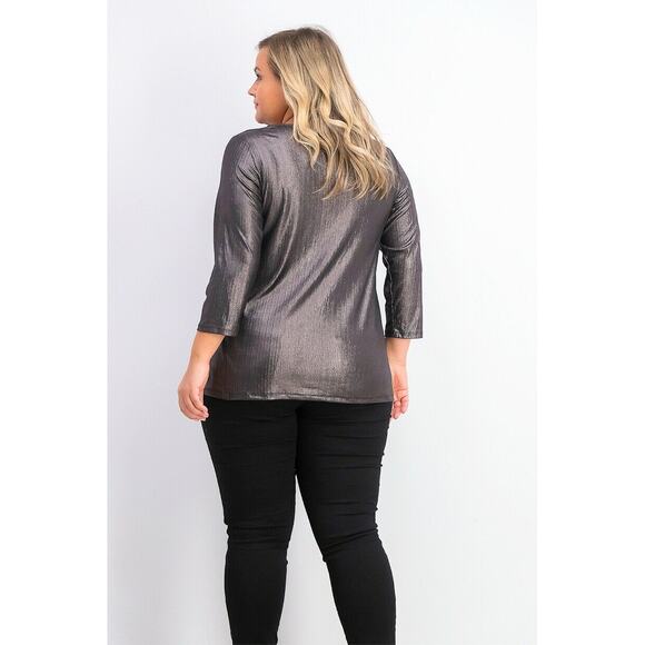 Alfani Top Tunic Blouse Silver Metallic Gray Pleated V-Neck 3/4 Sleeve 2XL 2X - Picture 4 of 5